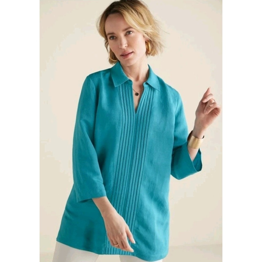 Soft Surroundings Women's Camellia Pullover Blouse Tunic Linen Blend Teal Size M